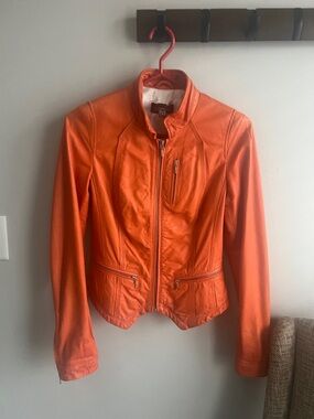 SPRING DANIER Orange Leather Zip Jacket with Stand Collar